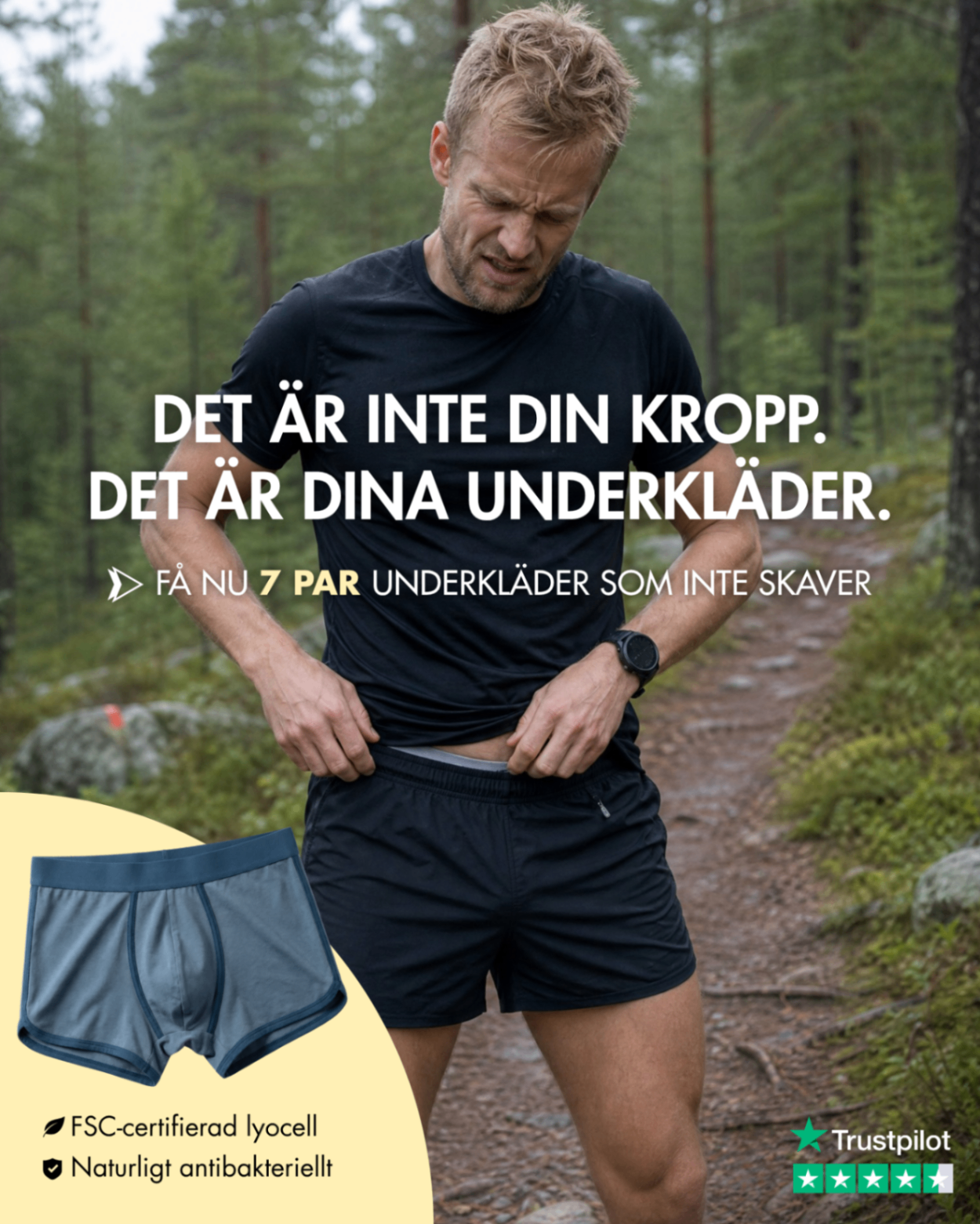 Outdoor underwear performance creative with runner in forest