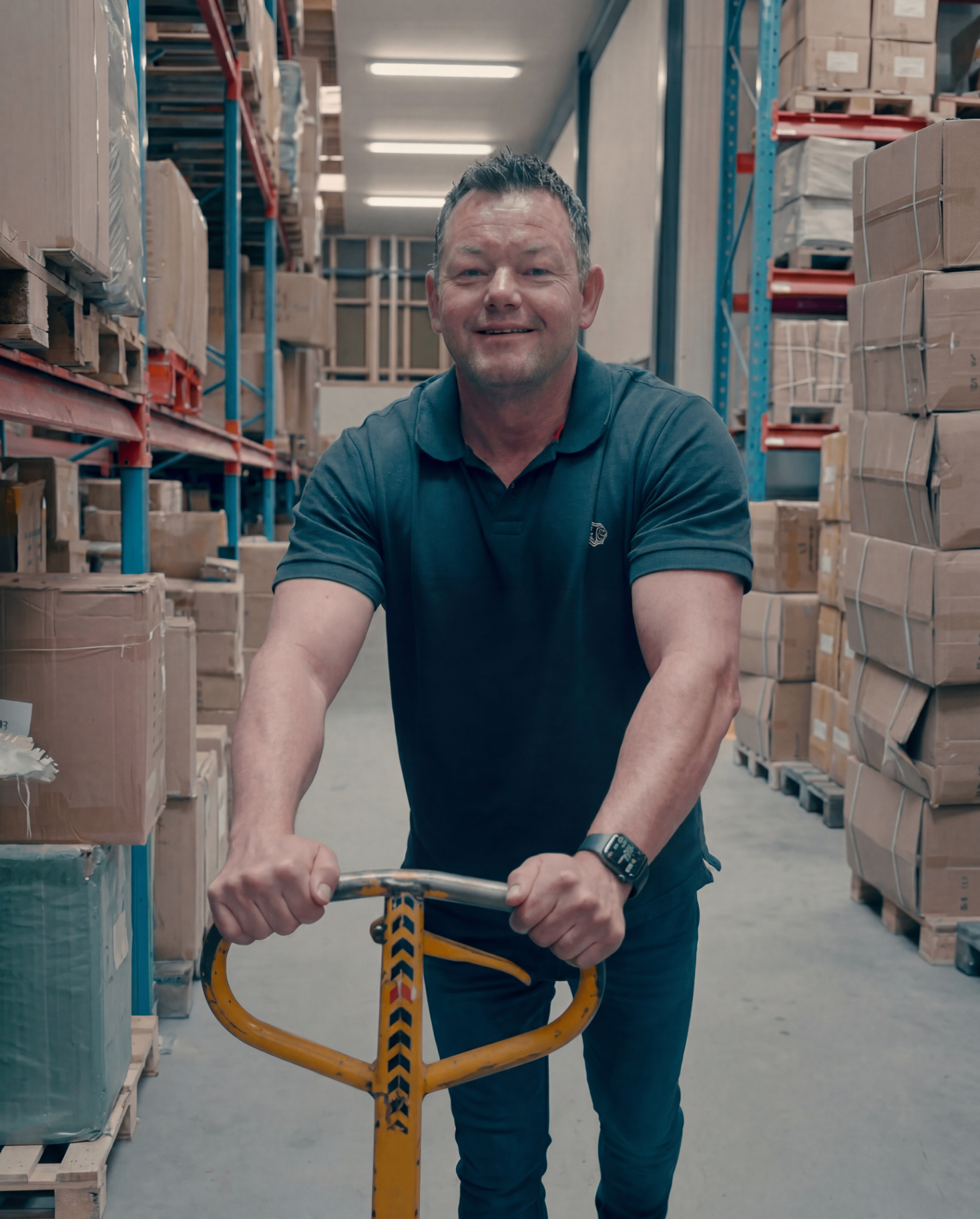 Satana team member on the warehouse floor with a pallet jack