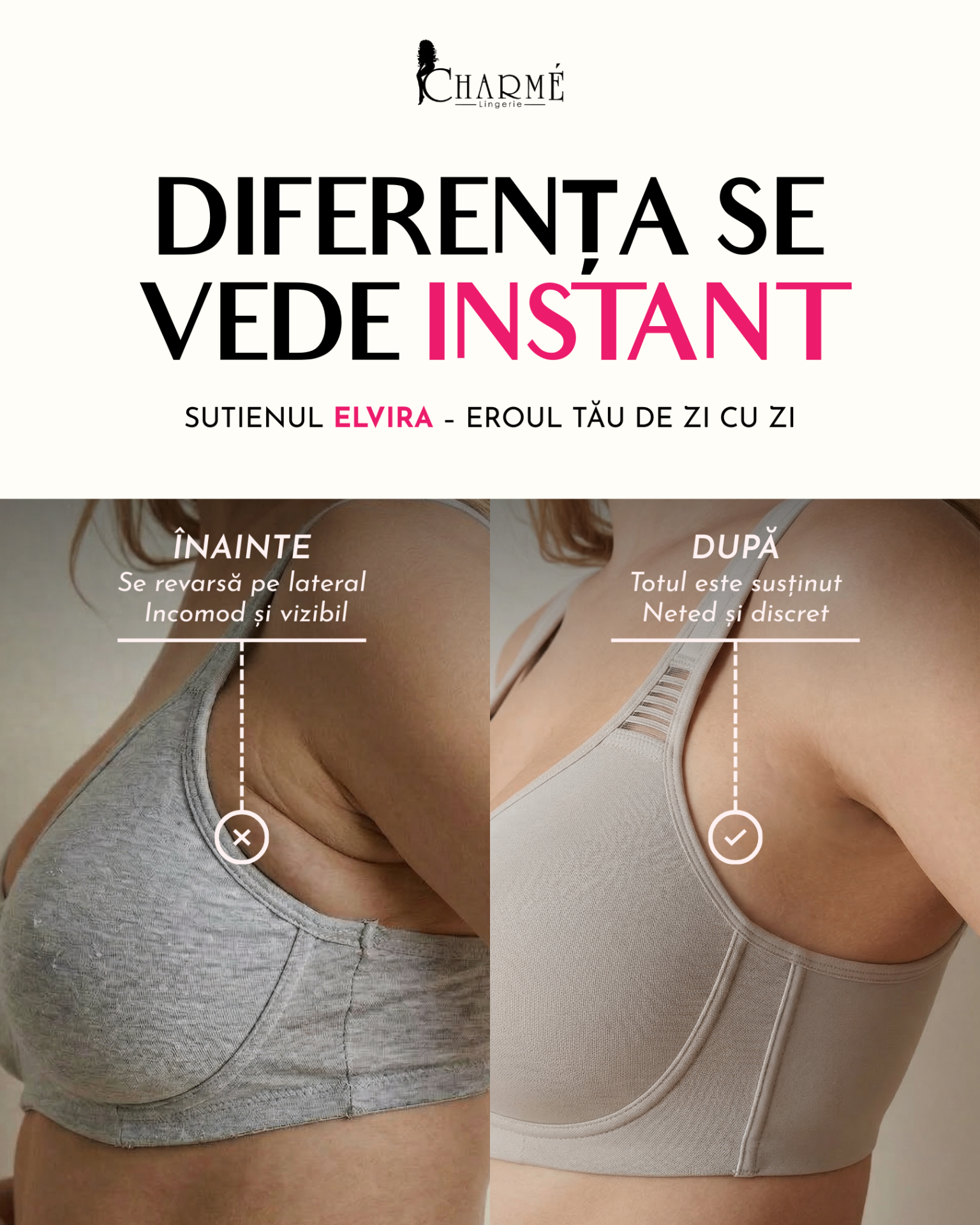 Charmé Elvira lingerie before and after comparison creative