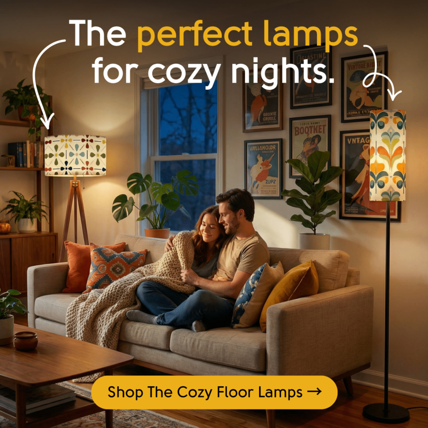 Cozy floor lamp lifestyle creative with warm interior scene