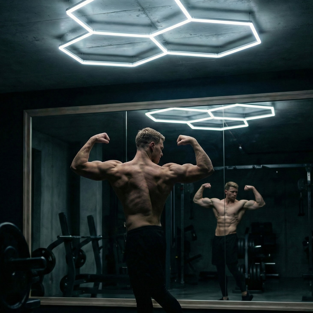 NORTHLUMEN hex ceiling lights illuminating a posing athlete in a dark gym
