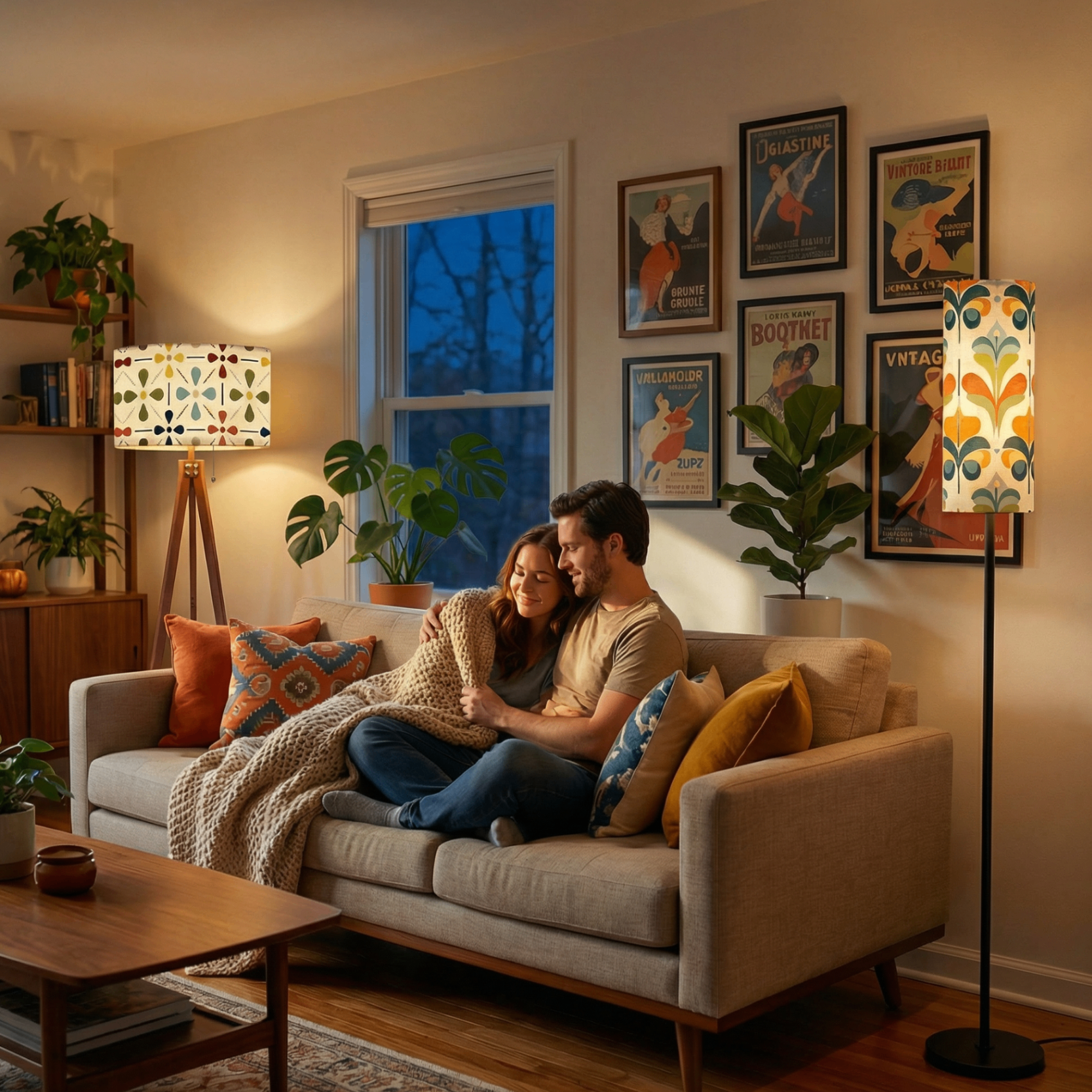 Mid Century Modern Gal lamps styled in a warm living room interior