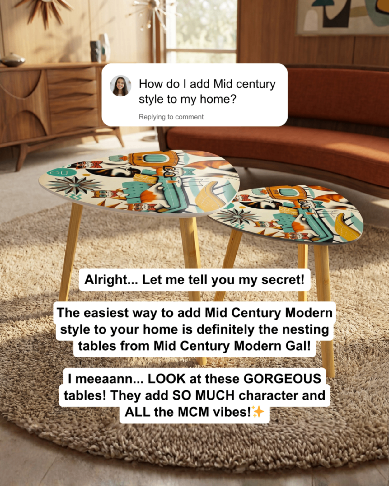 Mid Century Modern Gal testimonial-style comment creative